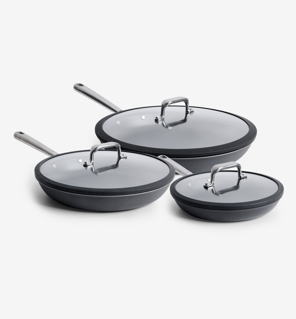 3-piece nonstick ceramic cookware set with glass lids in dark gray